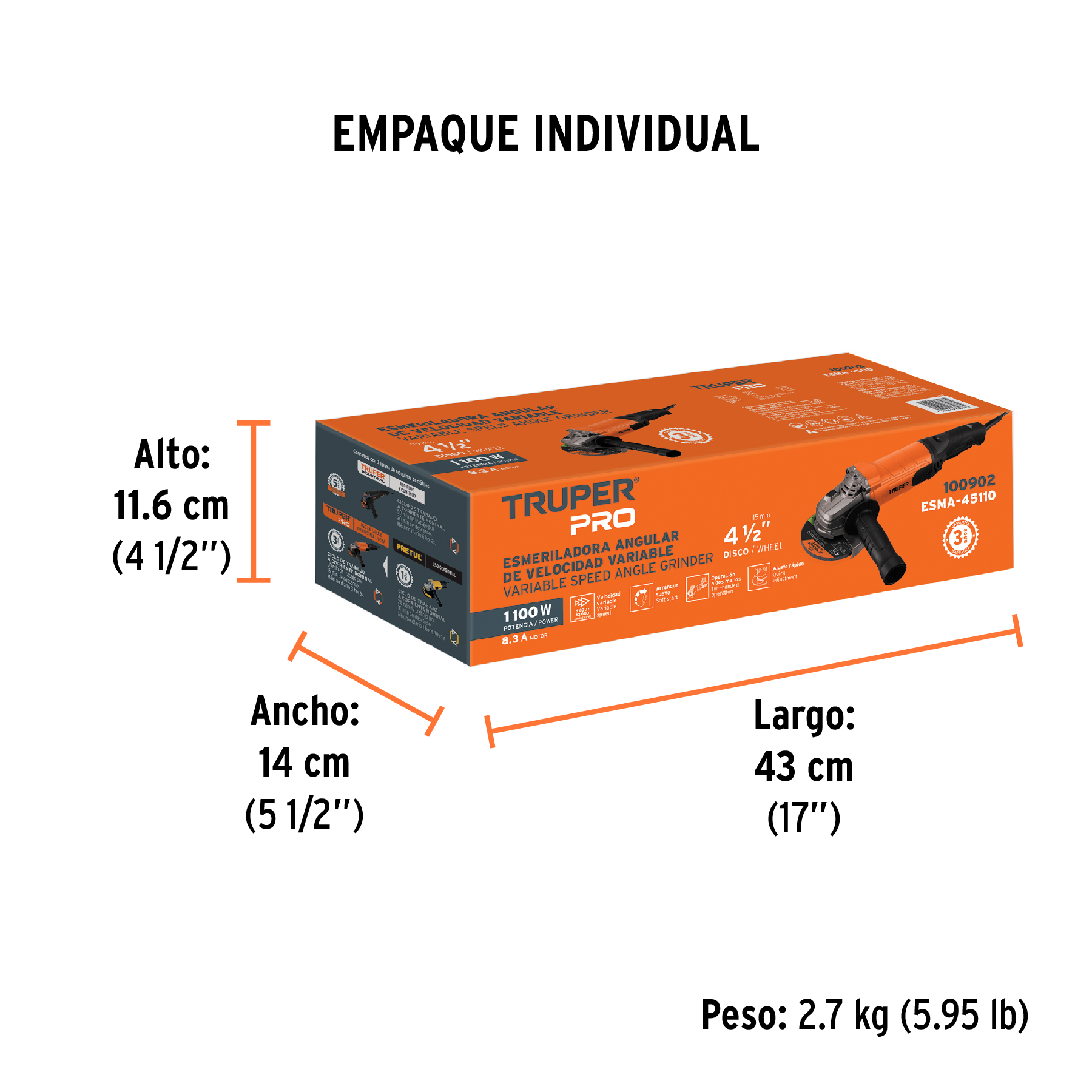 Pulidora Esmeriladora angular 4-1/2", 1100W, TRUPER PRO - Image 2